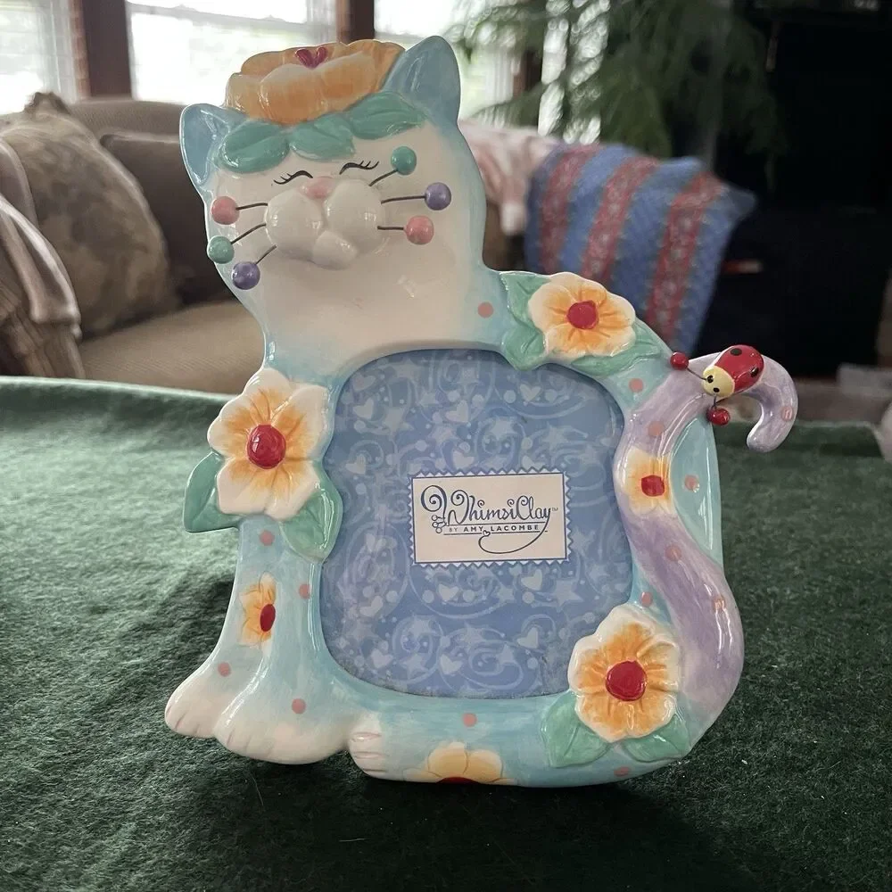Amy Lacombe Whimsi Clay  Picture Frame Kitty Cat Aha Made you Smile 2006 Vintage